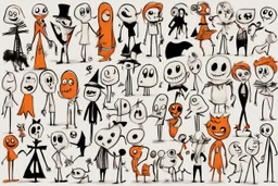 make a bunch of simple hand-drawn spooky and cute cartoon characters with bodies arms, and legs I could draw and make them all different make them looks like the 50s and 60s cartoon art