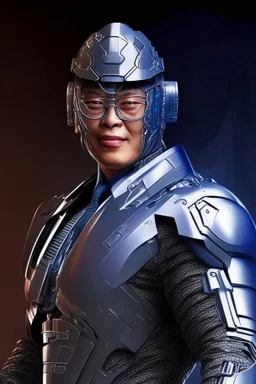 Cyborg armor with helmet on head serious face