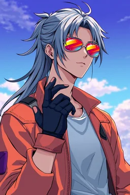 male cyberpunk solo with long hair tail, Norwegian, Wearing Leisureware and mirrored sunglasses, wearing gloves without fingers, lean, nice, correct hands, 90s Anime Style, Retroanime, Video Game Character,