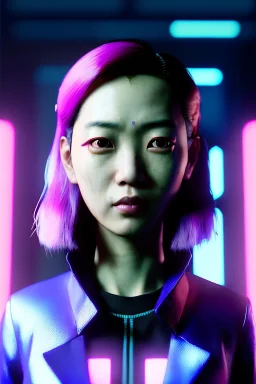 Cyberpunk portrait, Asian woman:: symmetry photography, cyberpunk, pink hair, face make-up, black line eye, light iris eye, :: kenzo fashion style, coat :: cinematic, Ultra realistic, dark scene, soft color, highly detailed, unreal engine 5, RTX, ultra detail, 3d, finely drawn, high definition.