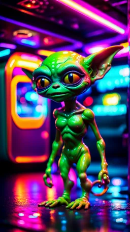 sexy stunt alien gremlin in telephone both caravan parked in dark neon lit reflective wet arcade hall tunnel,bokeh like f/0.8, tilt-shift lens 8k, high detail, smooth render, down-light, unreal engine, prize winning