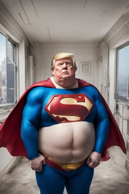 morbidly obese superman with donald trump's head and his belly hanging out