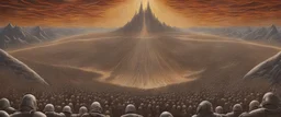 The painting is in alex gray style of The Battle of Pelennor Fields, the eye of sauron over the tower, aliens from the movie aliens in the sky and on the ground, stormtroopers from starwars on the ground fighting the aliens