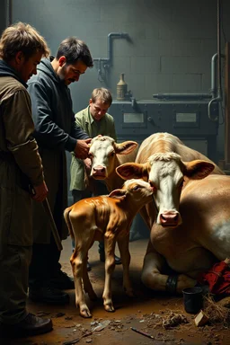 people kidnapping young calf while medicating old cow, inside science factory, painted by Rembrandt