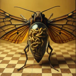 concept art, surreal, sinister distorted reality, grainy photography, minimalism, jaundice checkerboard patterns, shambolic, biomechanical zombie moth with a glass thorax filled with mealworms, by Zdzislaw Beksinski and Laurie Lipton, unsettling, profound,