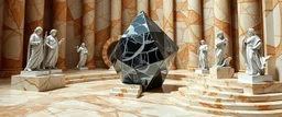 perfect geometry, niad, greek gods and heroes, the chariot, the fool and the tower tarot card disaster rendered in magnificient 4d glossy marble stones reflective and wet, like mirrors, winding stairs, watchers, statues of perfect octahedron dice