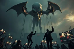 an evil government looms above, wielding marionettes below as the news media broadcasts their suffering in the background, dystopian, dread, horror