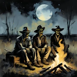 Zombie Cowboys sitting around a campfire at midnight in an expansive creepy prairie, impressionism, oil painting, rough long brush strokes, dark background, ink splatter, depiction of light in in its changing qualities, creepy, cosmic horror, by Claude Monet and Bill Jacklin, expansive negative space, diagonal composition, by Russ Mills, midnight_blue and black and muted_yellow colors