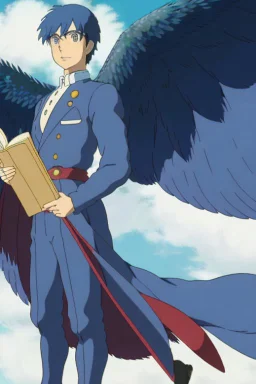 a human male with blue short hair and blue wings in an assymetrical armor with geometric patterns and a book in hand