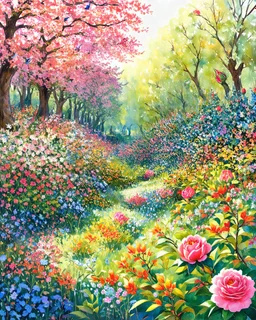 Wild garden, flower beds, fractal ornamentation, over detailed, gloriously full and confusing, nothing that really exists, everything made up, fantasy world, sweet briar, ink and watercolour, gouache graphic art, song birds, ochre rose, rose buds, dewy morning, forest of oaks,