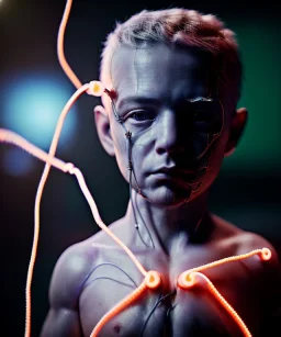 Ultra realistic photographic night portrait, full body shot view, cinematic, naked, young, face shaved, led lights <child man> <hanging wires> many wires connected to the head <perfect pupil> <cyborg> <garage> <sci-fi futuristic> <thriller>, fog, soft color, highly detailed, unreal engine 5, ray tracing, RTX, lumen lighting, ultra detail, volumetric lighting, high definition.