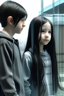 A girl and a boy separated by a glass wall The girl has long black hair Photorealistic