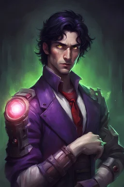 portrait of a human Male inventor in a fantasy world with a lighting Scar on his right arm from wrist to shoulder that is dark purple and red in color with Black hair and Bright Green eyes