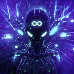 3D infinity symbol ∞ on alien's forehead, infinity figure-of-eight symbol is totally-symmetrical and glowing, exotic, neon, alien, inspiring, fantasy, scientific, friendly, beautiful, octane render, 8k post-production, artstation: award-winning: atmospheric: commanding: fantastical: clarity: 16k: ultra quality: striking: brilliance: liquid medium: stunning colors: amazing depth; lens: f/8, 28mm