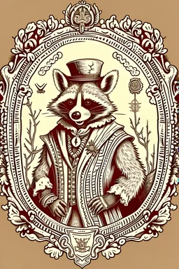1 color, cowboy raccoon in a western outfit, Davinci style sketch, realistic, surrounded by ornate wood rococo frame with 1 inch of negative space on all sides