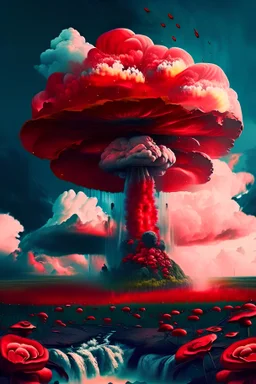 Небо, облака, водопад, Ядерный гриб взрыв, поле и красные розы.