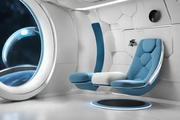 футуристично юольшой кабинет на космической станции будущего в стене вмонтирован монитор напротив мягкое кресло и круглый столик овещение тусклое голубоватое