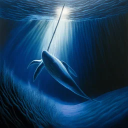 A dramatic, chiaroscuro-style acrylic painting of a powerful narwhal hunting its prey in the depths of the ocean, with stark contrasts between light and shadow to emphasize the intensity and raw beauty of the scene