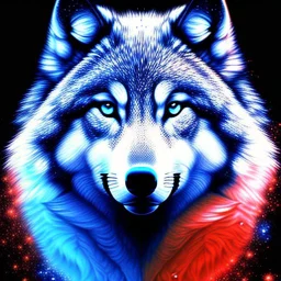 anthropomorphic wolf full body art illustration black background red, blue and white color full body