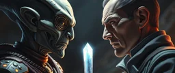 Close-up confrontation between an ancient alien outcast leader and a space broker, standing only a meter apart, intense eye contact, glowing crystalline rod between them, anger mixed with sadness, dramatic facial expressions, shallow depth of field, cinematic lighting, stylized 3D anime, airbrush painting, crisp outlines
