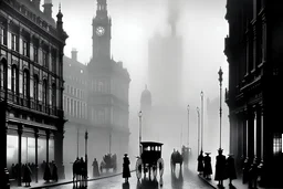 Picture of Edwardian London, England, in 1911, misty. I want a silhouette of the city.