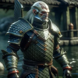 a knightly fish in a witcher's armor in the witcher's world