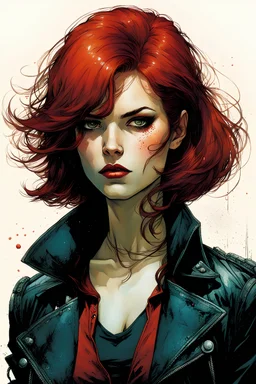 create a young vampire biker girl with short cropped auburn hair, in the graphic novel style of Bill Sienkiewicz and Jean Giraud Moebius, highly detailed facial features, grainy, gritty textures, dark and foreboding