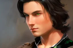 a young male with shoulder length black hair and green eyes, smirk