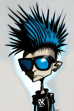 2d drawing of a stickman, cool with punk hair, x eyes like in hangman, Armani sunglasses, 3d realistic in colour