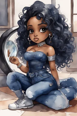 Create a futurism magna watercolor pain art of a black chibi curvy female sitting on the floor looking at herself in a hand mirror. She is wearing tight blue jeans and a black off the shoulder blouse. Prominent make up with lush lashes. Highly detailed long wavy hair. She is also wearing silver large hoop earringsart of a black chibi curvy female sitting on the floor looking at her cell phone. She is wearing tight blue jeans and a black off the shoulder blouse. Prominent make up with lush lashes