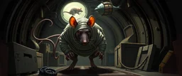 2️⃣ Boarding the Rocket "Giant mummy rat sneaks into a rocket cargo hold, bandages trailing slightly, ears twitching, eyes alert. Crates and floating tools around, with soft lights casting long shadows. A small caged rat visible in the background, and another rat suspended in a stasis pod above. Style: Rembrandt-inspired lighting, rat features, conveying stealth and tension."