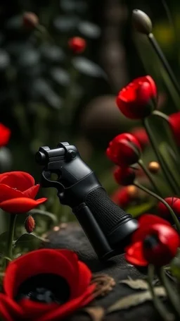 A small wooden hammer near a black pistol, a black leather glove and red lipstick in a dark garden filled with red poppies.Cinematic and realistic image