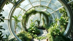 A futuristic greenhouse designed in the shape of a perfect torus, with transparent glass walls allowing sunlight to nourish the lush plants inside. The toroidal shape allows for optimal light diffusion and airflow, while the circular geometry mirrors the organic patterns of nature. Inside, plants grow in spirals and arcs, reflecting the mathematical beauty of the torus. Award-winning photograph.