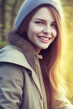 Beautiful pretty smile of girl in picture in forrest afternoon, 12k resolution, super HD, detail realístiC PHOTOGRAPH