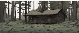 log cabin, post-apocalyptic, comic book, forest, cinematic, from far away,
