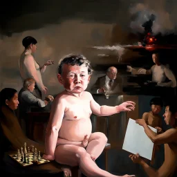 Putin, President Xi Of China And Joe Biden Play Chess With Atomic Bomb Mushroom Cloud,Complex Surgical Instruments Intermixed With A Newborn Boy,Minimalism,Painting By Adrian Ghenie,Rene Magritte,Pablo Picasso,Michelangelo,Salvador Dali,Lucian Freud