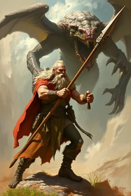 A worrier holding a spear fighting a creature from another world, Busch painting style