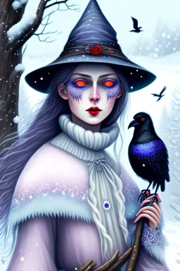 Friendly witch, playing with crows, perfect eyes, pastel colours, snow, style Elisabeth Kreitz