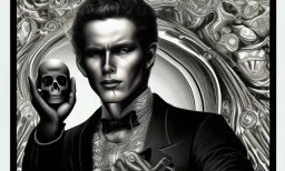 man in black holding a skull in one hand