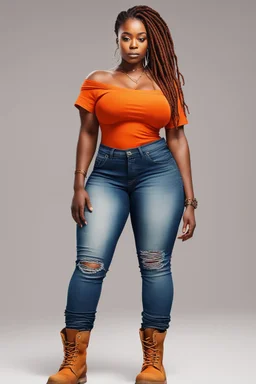 Create a watercolor image of a curvy black female wearing tight cut up jeans and a off the shoulder orange tshirt with timberland boots. Prominent make up with hazel eyes. Highly detail dread locs