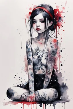 Petit girl goth many tattoos on his body, siting, fullbody, watercolor illustration by <agnes cecile>, darkred tones,