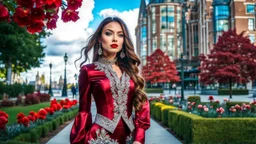 fullbody close up of 1 girl makeup wearing a dark red-silver victorian top and pants and pretty boots walking in moder city of 2040 park ,colorfull flowers ,pretty clouds in blue sky,city escape.