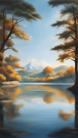 Depict a serene scene where a couple gazes into a tranquil body of water, seeing their reflections intertwined as a symbol of their unity and shared destiny