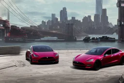 A Tesla 'Model S' is drifting at high speeds, near the 'Pier 11' in Manhattan. (CINEMATIC, WIDE ANGLE LENS, PHOTO REAL)