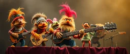 masterfully Gnoll muppet puppet band all playing on one huge enourmous big guitar