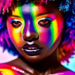 masterpiece, best quality, woman, dark skinned, sparkling eyes, fluorescent skin, colorful makeup, afro, head shot, highly detailed body, sun light, 4K, RAW, depth of field, high contrast, realistic details, 24mm