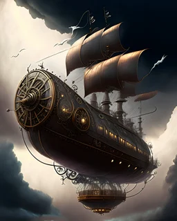 A steampunk airship soaring through a stormy sky, in the style of intricate illustrations, mechanical details, dramatic lighting, dark clouds, and turbulent winds, 16K resolution