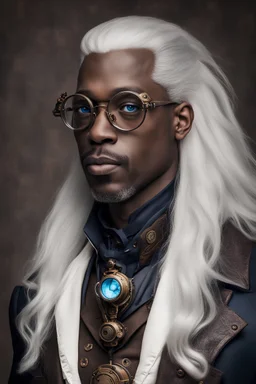 Forty year old steampunk steampunk ebony man whitn straight long white hair an blue eyes and round glasses