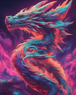 Close up shot, Dragon in a vibrant synthwave dreamscape, neon chaos swirling energetically around pixelated forms, a dynamic fusion of retro gaming nostalgia and futuristic abstraction