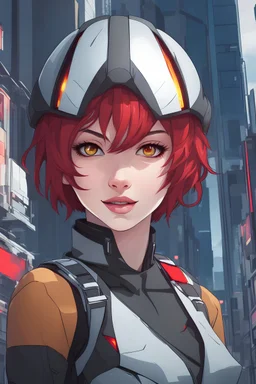Woman with cute and short hair, bright red hair, crimson eyes, wearing futuristic g, cheerful, urban background, RWBY animation style